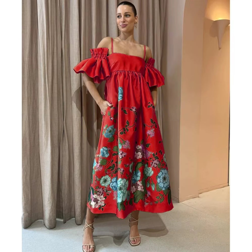 SoleVibe™ 2024 One-Shoulder Vintage Print Dress – Sexy Halter, Hidden Pockets, and Elegant Summer Party Vibes