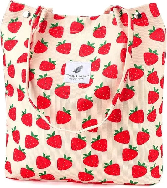 Corduroy Tote Bag for Women Girl Canvas Shoulder Cord Purse with Inner Pocket (Strawberry)