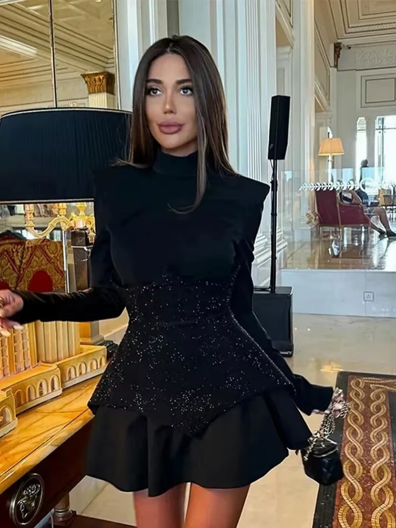 Glamour in Sparkle: Long Sleeves Waist Sparkle Diamond Mini Dress