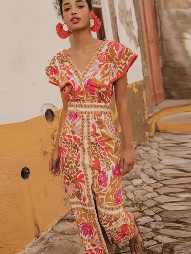 2025 Summer Backless Print Dress for Women – Sexy V Neck Long Dress with Butterfly Sleeves and Split