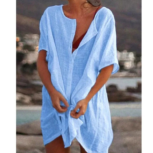 Women’s Blue Cotton Linen Oversized Shirt – Summer Short Sleeve Button Blouse, Vintage Casual Top